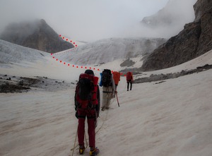 Ледник Южный Чат. Отмечен наш путь к перевалу Чат.