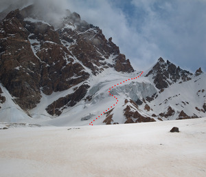 Ледник Селлы. Отмечен путь спуска с перевала Селла.